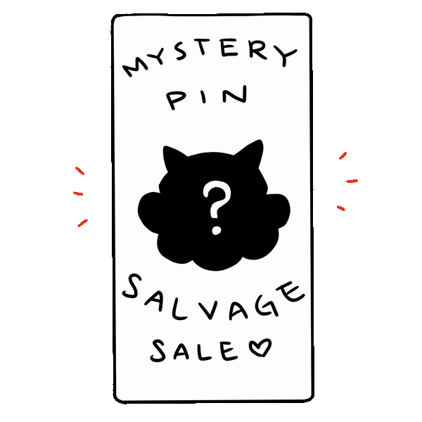 animated gif of a card with a question mark over a shadow that says mystery pin salvage sale.